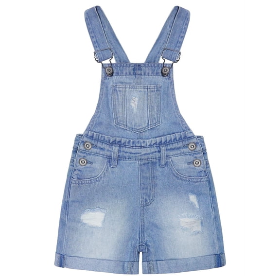 KIDSCOOL SPACE Big Girls Cute Jeans Shorts,Ripped Folded Hem Adjustable Straps Summer Denim Shortalls,Light Blue,8-9 Years