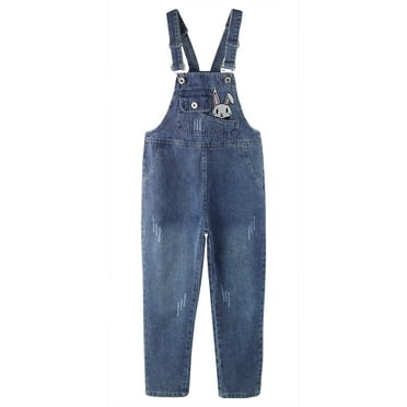 KIDSCOOL SPACE Big Girls Denim Overalls,Cartoon Bunny Decoration Front Summer Loose Jeans Workwear,Blue,14
