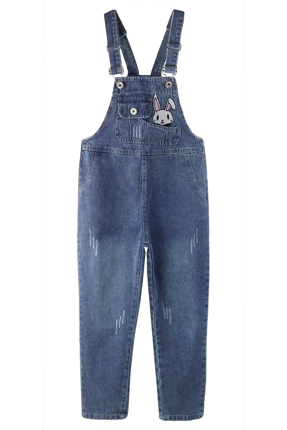 Big Girls Denim Overalls,Cartoon Bunny Decoration Front Summer Loose Jeans Workwear,Blue,14