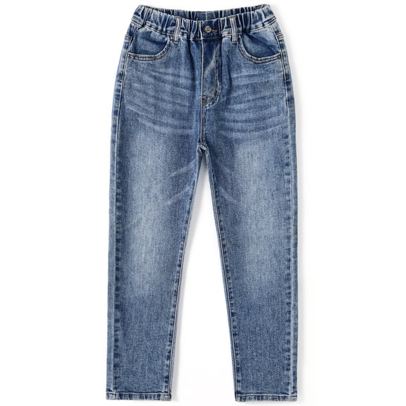KIDSCOOL SPACE Big Girls Jeans, 5-14T Simple Design Boys Ribbed Waist Denim Pants,Light Blue,13-14 Years