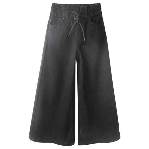 KIDSCOOL Girls Wide Leg Jeans 5-14T Elastic Drawstring Waist Denim Pants,Black,7-8 Years