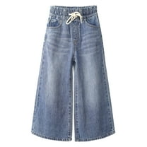 KIDSCOOL SPACE Big Girls Jeans, 5-14T Wide-leg Loose Elastic Waist with String Flared Denim Pants,Light Blue,7-8 Years