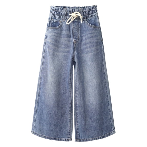 KIDSCOOL Girls Wide Leg Jeans 5-14T Elastic Drawstring Waist Denim Pants,Light Blue,7-8 Years