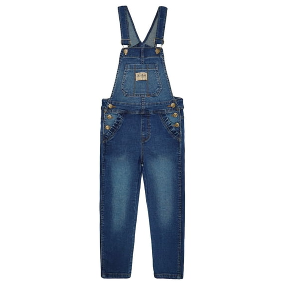 KIDSCOOL SPACE Big Girls Jeans Overalls,3 Buttons Elastic Band Inside Stretchy Soft Denim Jumpsuit,Blue,13-14 Years