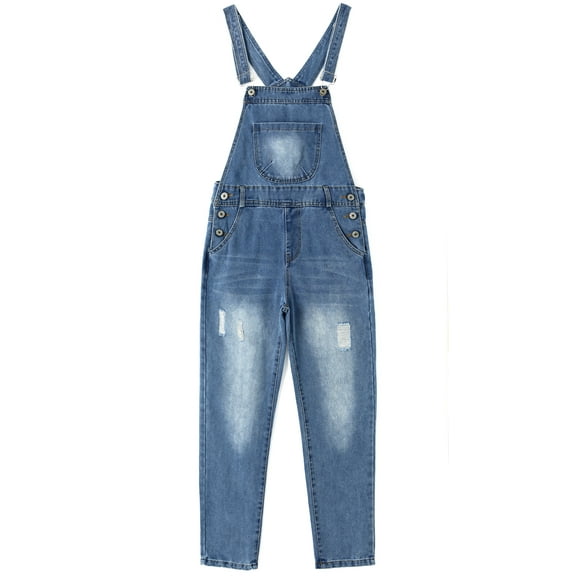 KIDSCOOL SPACE Big Girls Jeans Overalls,3 Buttons Ripped Elastic Band Inside Denim Jumpuit,Blue,9-10 Years