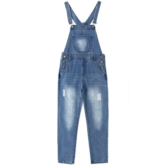 KIDSCOOL SPACE Big Girls Jeans Overalls,3 Buttons Ripped Elastic Band Inside Denim Jumpuit,Blue,9-10 Years