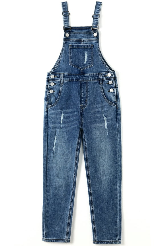 Big Girls Jeans Overalls,Ripped Big Bib Elastic Band Inside Stretchy Soft Denim Jumpsuit,Blue,11-12 Years