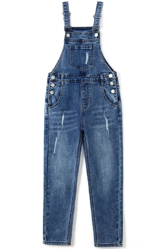 Big Girls Jeans Overalls,Ripped Big Bib Elastic Band Inside Stretchy Soft Denim Jumpsuit,Blue,9-10 Years