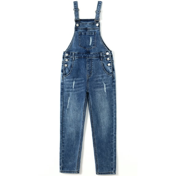 KIDSCOOL SPACE Big Girls Jeans Overalls,Ripped Big Bib Elastic Band Inside Stretchy Soft Denim Jumpsuit,Blue,9-10 Years