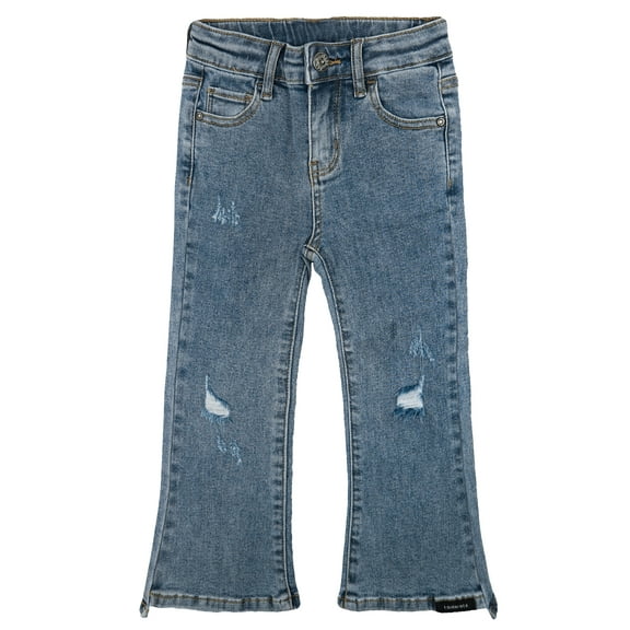 KIDSCOOL SPACE Big Girls Jeans,Ripped Holes Stretchy Bell-bottom Slim Boot Cut Denim Pants,Blue,7-8 Years