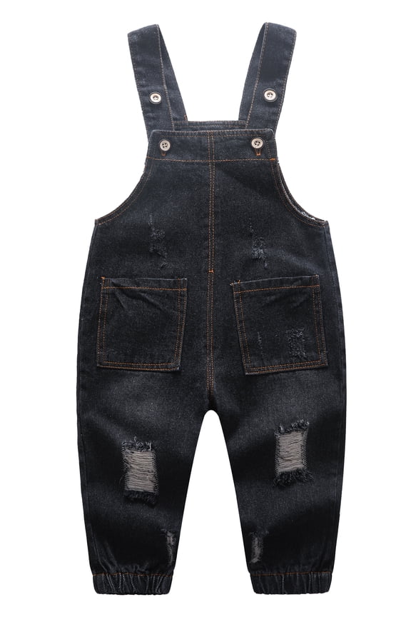 Baby Toddler Ripped Denim Jumpsuit, Cute 4 Pockets Elastic Legs Overalls,Black,6-12 Months