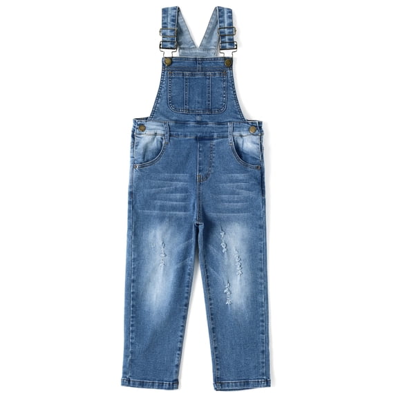 KIDSCOOL SPACE Little Girl Ripped Denim Overalls, Adjustable Elastic Waistand Inside Stretch Jeans Jumpsuit,Light Blue,7-8 Years