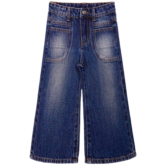 KIDSCOOL Girls Denim Pants Large Pocket Wide Leg Jeans,Deep Blue,10-11 Years
