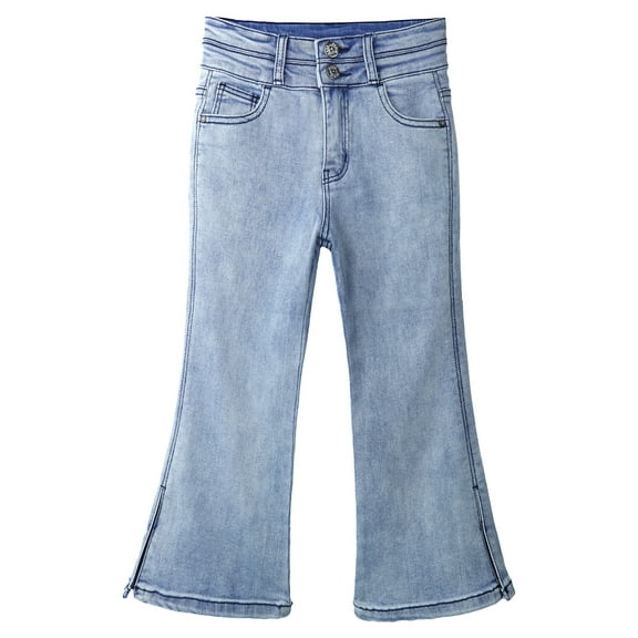 KIDSCOOL SPACE Big Girls Stretchy Denim Flare Jeans, 5-14T Double-layer Waistband Bell-bottom Split Hem Pants,Light Blue,10-11 Years