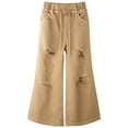 thumbnail image 1 of KIDSCOOL SPACE Big Girls Wide-leg Colored Denim Jeans, 5-14T Loose Elastic Waist with String Ripped Flared Pants,Kahki,10-11 Years, 1 of 8