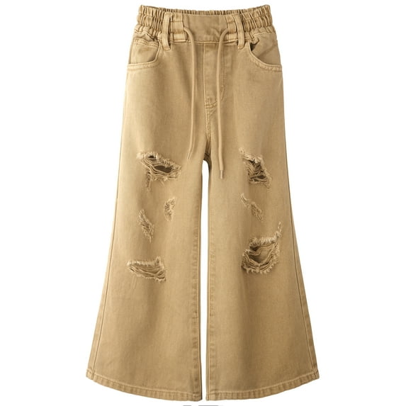 KIDSCOOL SPACE Big Girls Wide-leg Colored Denim Jeans, 5-14T Loose Elastic Waist with String Ripped Flared Pants,Kahki,10-11 Years