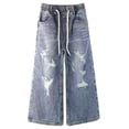 thumbnail image 1 of KIDSCOOL SPACE Big Girls Wide-leg Colored Denim Jeans, 5-14T Loose Elastic Waist with String Ripped Flared Pants,Mid Blue,10-11 Years, 1 of 8
