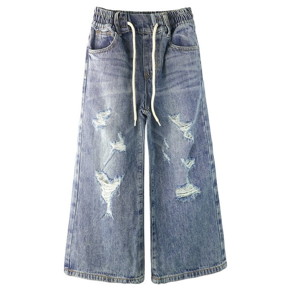KIDSCOOL SPACE Big Girls Wide-leg Colored Denim Jeans, 5-14T Loose Elastic Waist with String Ripped Flared Pants,Mid Blue,10-11 Years