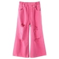 thumbnail image 1 of KIDSCOOL SPACE Big Girls Wide-leg Colored Denim Jeans, 5-14T Loose Elastic Waist with String Ripped Flared Pants,Rose Red,11-12 Years, 1 of 8