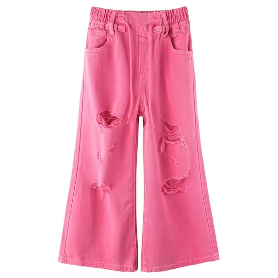 KIDSCOOL SPACE Big Girls Wide-leg Colored Denim Jeans, 5-14T Loose Elastic Waist with String Ripped Flared Pants,Rose Red,11-12 Years