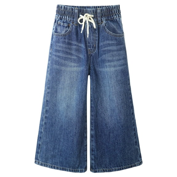 KIDSCOOL SPACE Big Girls Wide-leg Denim Pants, 5-14T Loose Elastic Waist with String Flared Jeans Bottoms,Mid Blue,12-13 Years