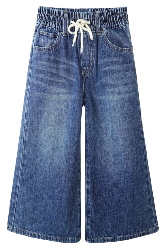 Big Girls Wide-leg Denim Pants, 5-14T Loose Elastic Waist with String Flared Jeans Bottoms,Mid Blue,7-8 Years