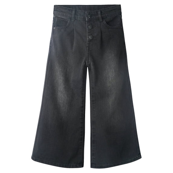 KIDSCOOL SPACE Big Girls' Wide-leg Jeans,3 Buttons Front Elastic Band Inside Palazzo Denim Pants,Black,9-10 Years