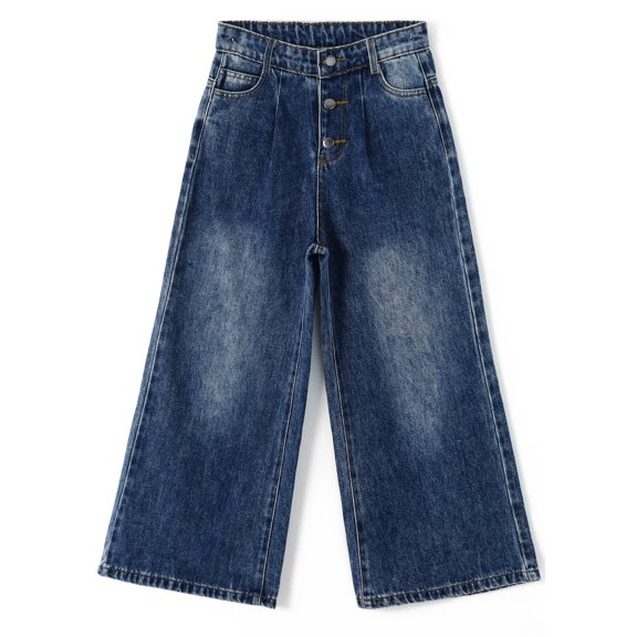 KIDSCOOL SPACE Big Girls' Wide-leg Jeans,3 Buttons Front Elastic Band Inside Palazzo Denim Pants,Deep Blue,13-14 Years
