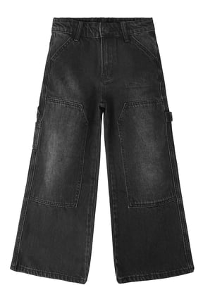 Big Girls' Wide-leg Jeans, Elastic Band Inside Big Patchwork Flared Denim Pants,Black,9-10 Years