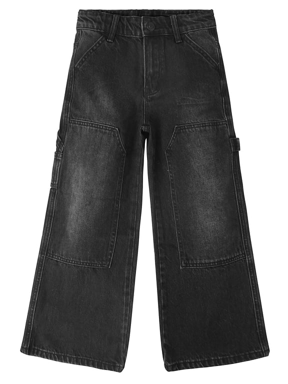Big Girls' Wide-leg Jeans, Elastic Band Inside Big Patchwork Flared Denim Pants,Black,9-10 Years