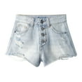 thumbnail image 1 of KIDSCOOL SPACE Little girls Denim Shorts,Elastic Band Inside Ripped High-cut Raw Hem Hot Jean Summer Pants, Light Blue, 8-9 Years, 1 of 6