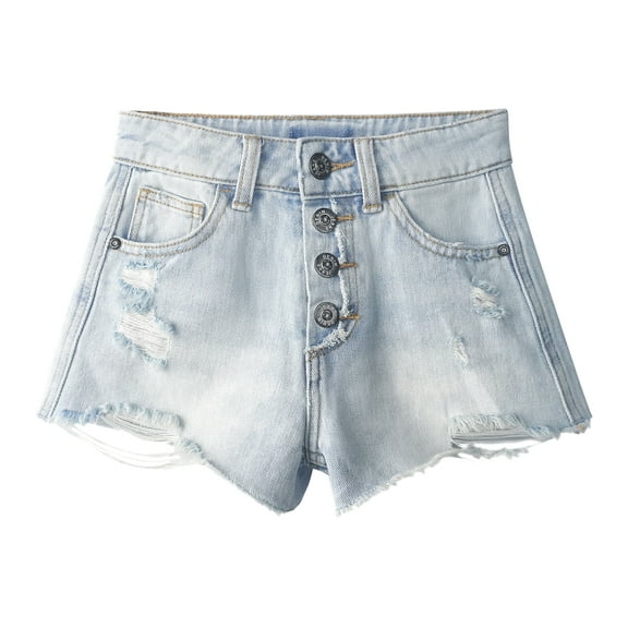 KIDSCOOL SPACE Little girls Denim Shorts,Elastic Band Inside Ripped High-cut Raw Hem Hot Jean Summer Pants, Light Blue, 8-9 Years