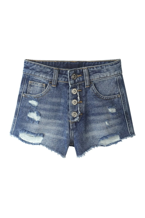 Little girls Denim Shorts,Elastic Band Inside Ripped High-cut Raw Hem Hot Jean Summer Pants,Mid Blue, 11-12 Years