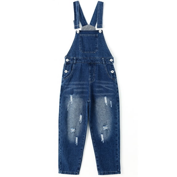 KIDSCOOL SPACE Boy Girl Cute Overalls,Fashion Washed Denim Jumpsuit,Blue, 13-14 Years