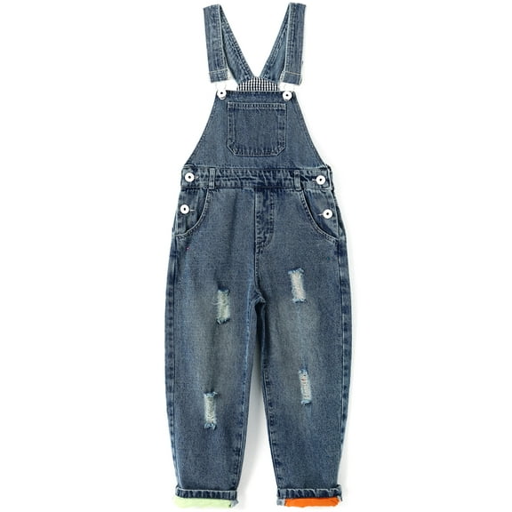 KIDSCOOL SPACE Boy Girl Overalls, Big Bib Stretchy Distressed Denim Jumpsuit,Blue,13-14 Years