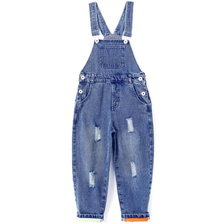 KIDSCOOL Kids Denim Overalls Unisex Big Girls Boys Ripped Jeans Jumpsuit,Blue,7-8 Years