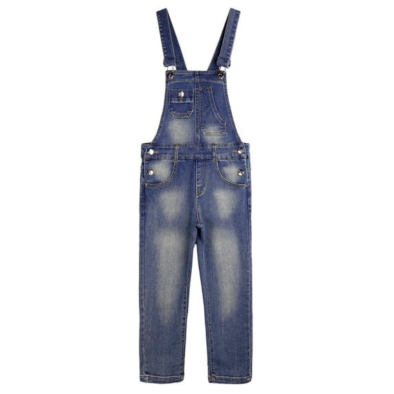 KIDSCOOL SPACE Boy Girl Overalls, Irregular Pockets Slim Denim Jumpsuit,Blue,13-14 Years