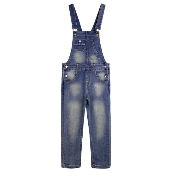 KIDSCOOL SPACE Boy Girl Overalls, Irregular Pockets Slim Denim Jumpsuit,Blue,7-8 Years