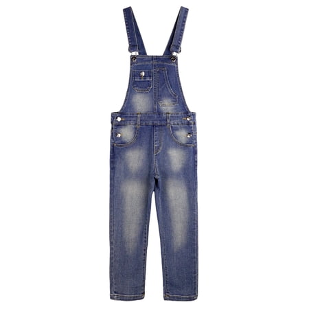 KIDSCOOL SPACE Boy Girl Overalls, Irregular Pockets Slim Denim Jumpsuit,Blue,9-10 Years