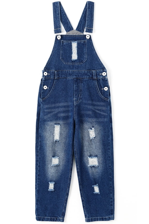 Boy Girl Overalls,Ripped Denim Washed Jeans Dungarees Jumpsuit,Blue,11-12 Years