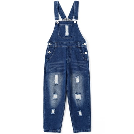 KIDSCOOL SPACE Boy Girl Overalls,Ripped Denim Washed Jeans Dungarees Jumpsuit,Blue,4-5 Years