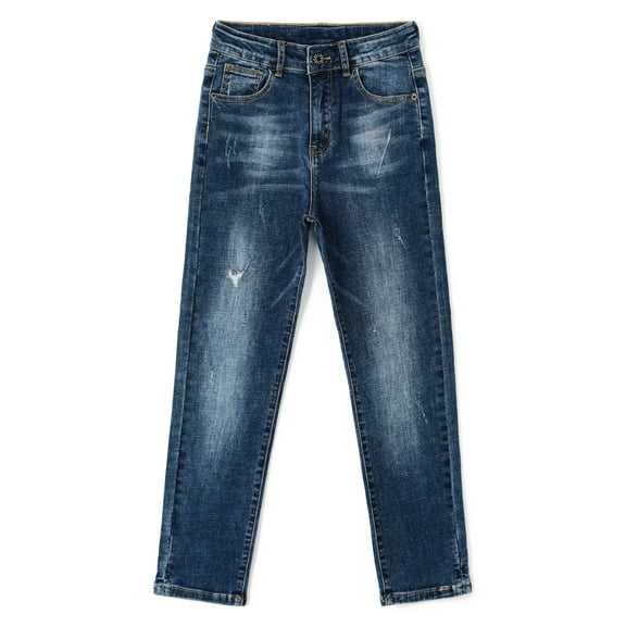 KIDSCOOL SPACE Boy Jeans,Kid Ripped Elastic Band Inside Slim Fit Denim Jeans Pants,Blue,7-8 Years