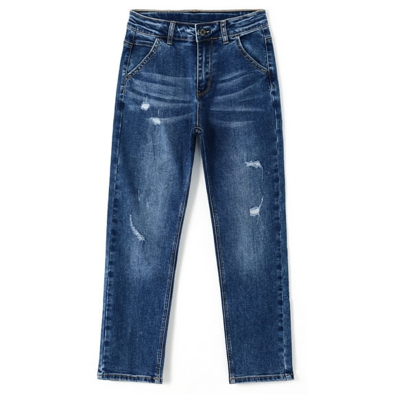 KIDSCOOL SPACE Boy Jeans,Little Kid Ripped Elastic Band Inside Slim Fit Denim Jeans Pants,Blue,6-7 Years