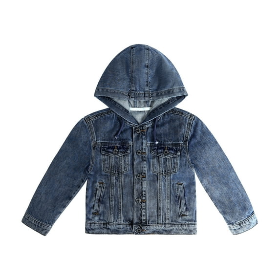 KIDSCOOL SPACE Boys Denim Jacket,Little Big Kids Simple Design Hooded Jean Coat,Mid Blue,8-9 Years