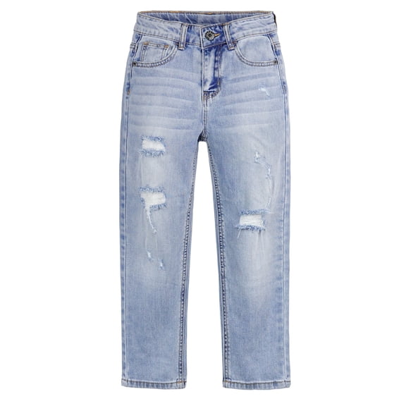 KIDSCOOL SPACE Boys Jeans,Big Kid Elastic Band Inside Ripped Denim Pants,Light Blue,8-9 Years