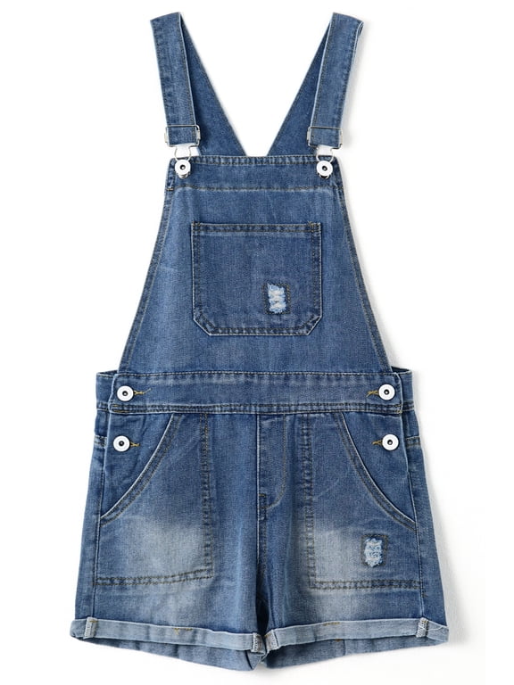 KIDSCOOL Girls Shorts Jeans Overall Summer Denim Jumpsuit Ripped Shortalls,13-14 Years