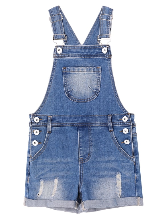 KIDSCOOL Girls Shorts Jumpsuit Summer Denim Jeans Overall Ripped Shortalls,7-8 Years