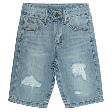 KIDSCOOL SPACE Boys Summer Denim Shorts, Ripped Holes Soft Elastic Band Inside Half Jean Pants,Light Blue,11-12 Years
