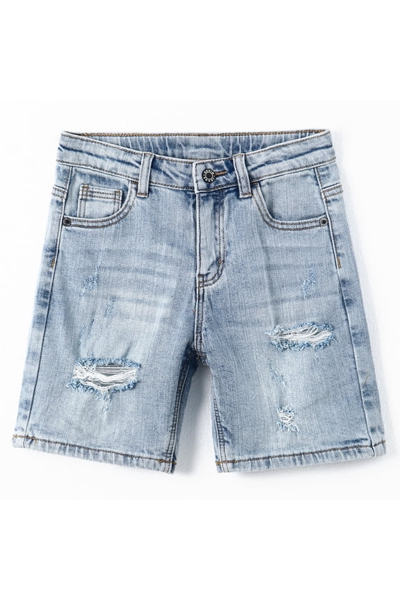 Boys Summer Denim Shorts, Ripped Holes Soft Elastic Band Inside Half Jean Pants,Light Blue,11-12 Years