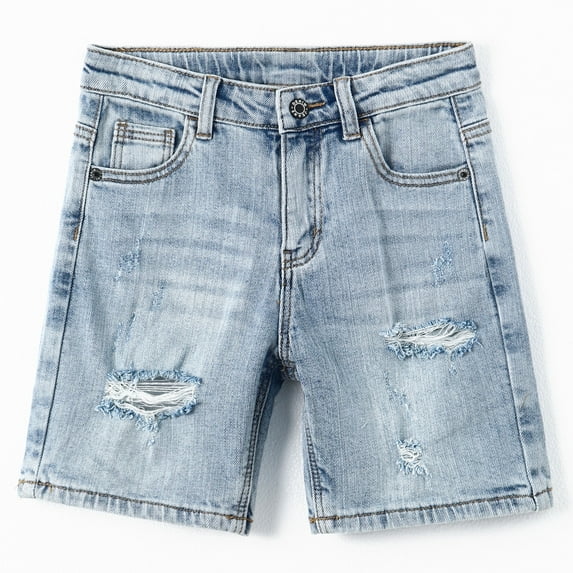 KIDSCOOL SPACE Boys Summer Denim Shorts, Ripped Holes Soft Elastic Band Inside Half Jean Pants,Light Blue,3-4 Years